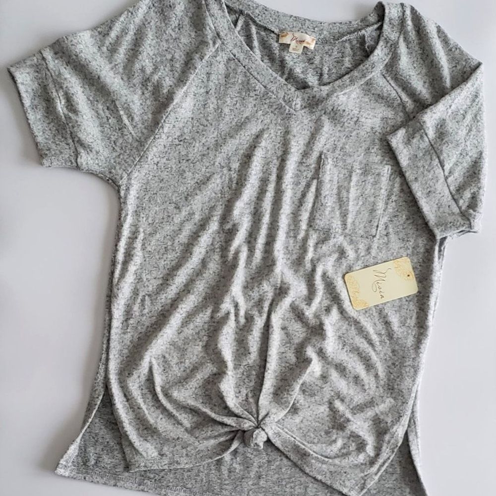 Misia Heather Gray Short Sleeve V Neck Tee Shirt Top Cinched Knot
